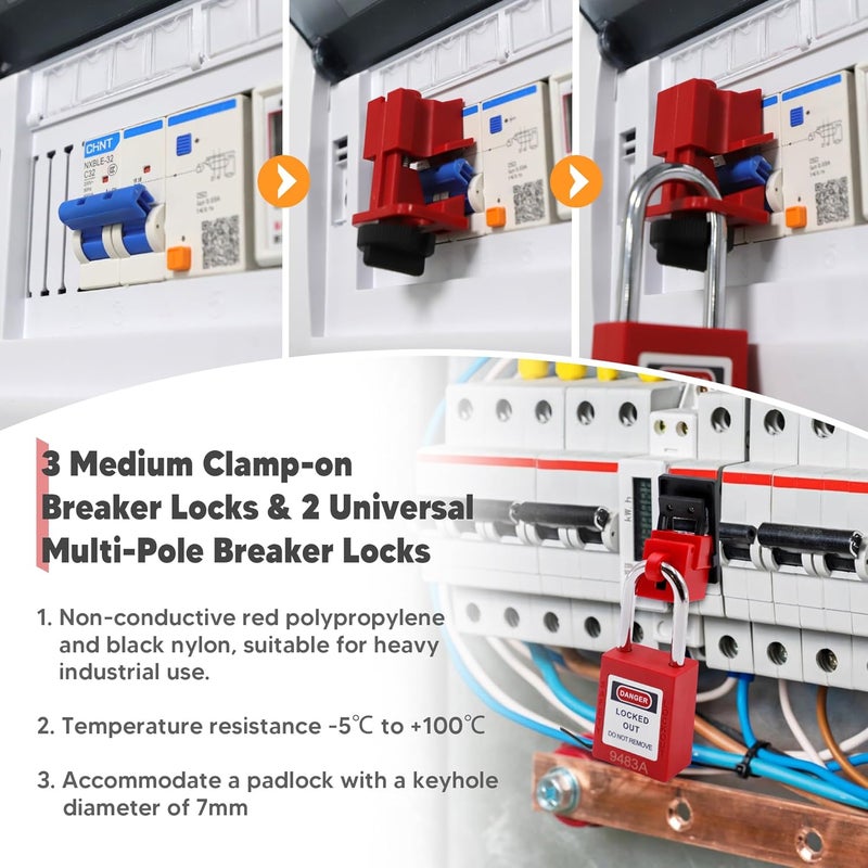 SATTRON Lockout Tagout Kit Electrical Loto: Lockout Hasps, Safety Padlocks, Plug Lockout, Clamp On and Universal Multipole Circuit Breaker Lockouts, Lockout Tags, Nylon Zip Ties, Red Carrying Bag for Safety - Image 5